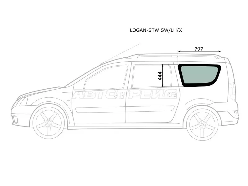 Стекло кузова боковое (не опускное) (Слева / Цвет зеленый) Dacia Logan 04-08  / Logan Mcv 08-12  / LADA Largus 12-21  / Largus Cross 14-22 (XYG: LOGAN-STW SW/LH/X)