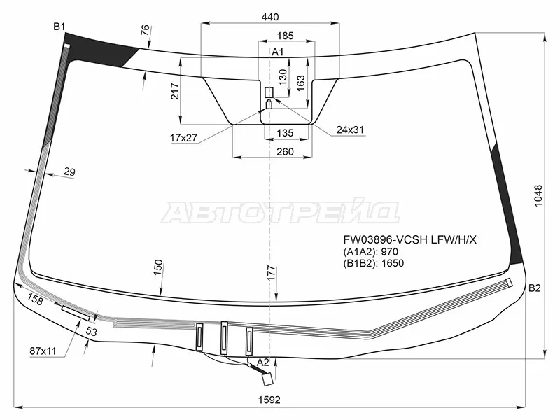 Стекло лобовое (Обогрев щеток / Датчик дождя) Acura MDX 13-21 (XYG: FW03896-VCSH LFW/H/X)