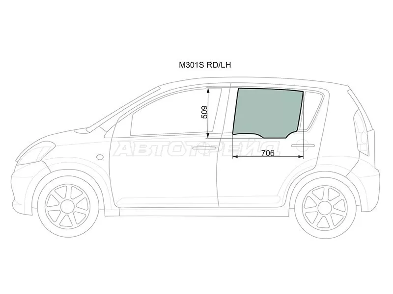 Стекло боковое опускное (Сзади / Слева / Цвет зеленый) Toyota Passo 04-10  / Daihatsu Boon 04-10  / Sirion 05-13  / Subaru Justy 07-11 (XYG: M301S RD/LH)