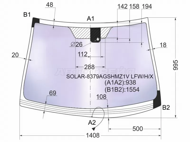 Стекло лобовое (Атермальное / Обогрев щеток / Датчик дождя) Toyota Avensis (T270) 08-18 (XYG: SOLAR-8379AGSHMZ1V LFW/H/X)
