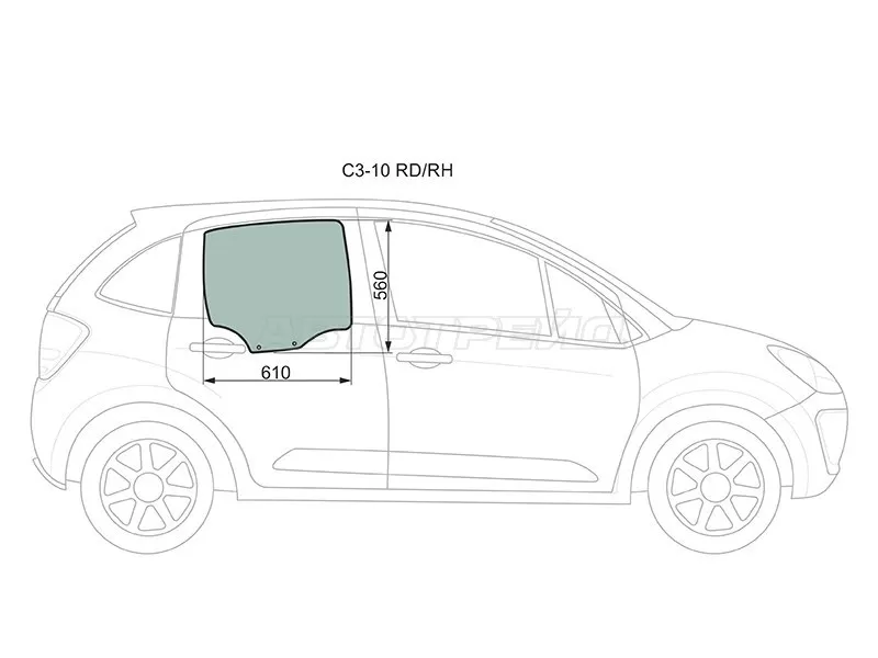 Стекло боковое опускное (Сзади / Справа / Цвет зеленый) Citroen C3 09-16 (XYG: C3-10 RD/RH)