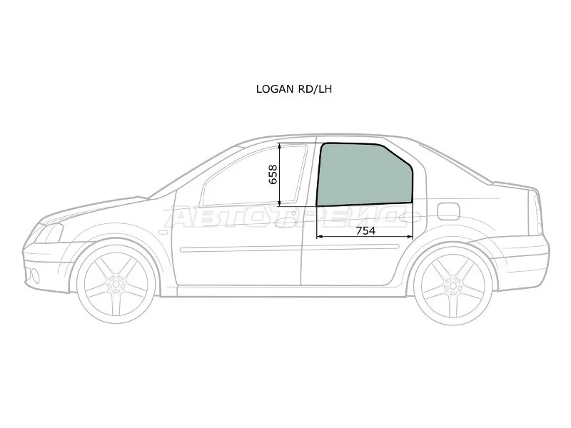 Стекло боковое опускное (Сзади / Слева / Цвет зеленый) Renault Logan 04-  / Sandero 14-  / Dacia Logan 04-19  / Sandero 12-19  / Sandero Stepway 12-19  / Renault Logan Stepway 18-  / Sandero Stepway 14-22 (XYG: LOGAN RD/LH)