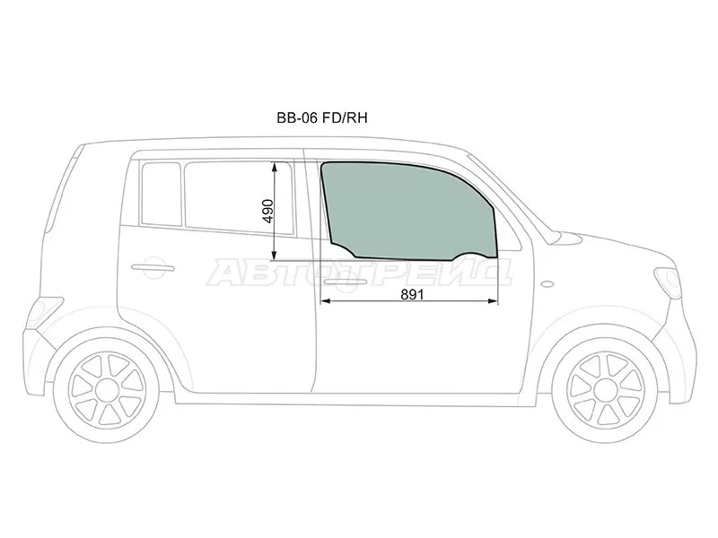 Стекло боковое опускное (Спереди / Справа / Цвет зеленый) Daihatsu Coo 06-13  / Materia 06-13  / Subaru Dex 08-12  / Toyota bB 05-16 (XYG: BB-06 FD/RH)