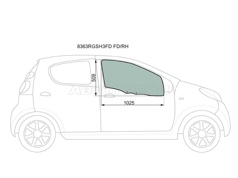 Стекло боковое опускное (Спереди / Справа / Цвет зеленый) Citroen C1 05-14  / Peugeot 107 05-15  / Toyota Aygo 05-14 (XYG: 8363RGSH3FD FD/RH)