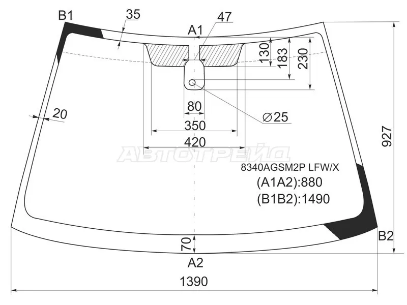 Стекло лобовое (Датчик дождя) Toyota Corolla (E120) 00-07  / Corolla Fielder (E120) 00-06  / Corolla JPN (E120) 00-07  / Geely Vision 08-17  / Toyota Allex 01-06  / Corolla Runx (E120) 01-06 (XYG: 8340AGSM2P LFW/X)