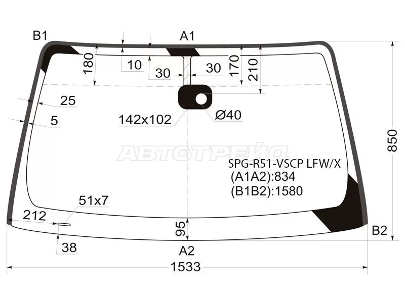 Стекло лобовое (Датчик дождя / Молдинг) Nissan Frontier 04-21  / Navara 04-15  / Pathfinder 04-14  / Xterra 05-15 (SAT: SPG-R51-VSCP LFW/X)