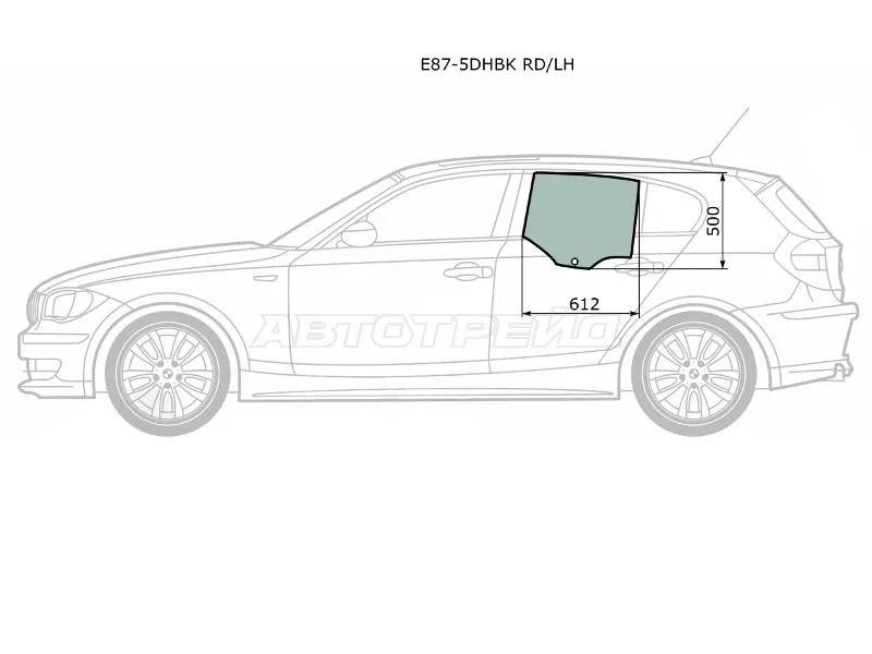 Стекло боковое опускное (Сзади / Слева / Цвет зеленый) BMW 1-Series 04-13 (XYG: E87-5DHBK RD/LH)