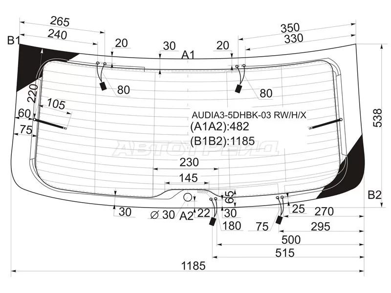 Стекло заднее (Цвет зеленый / Обогрев / Антенна) Audi A3 03-13  / S3 08-12 (XYG: AUDIA3-5DHBK-03 RW/H/X)