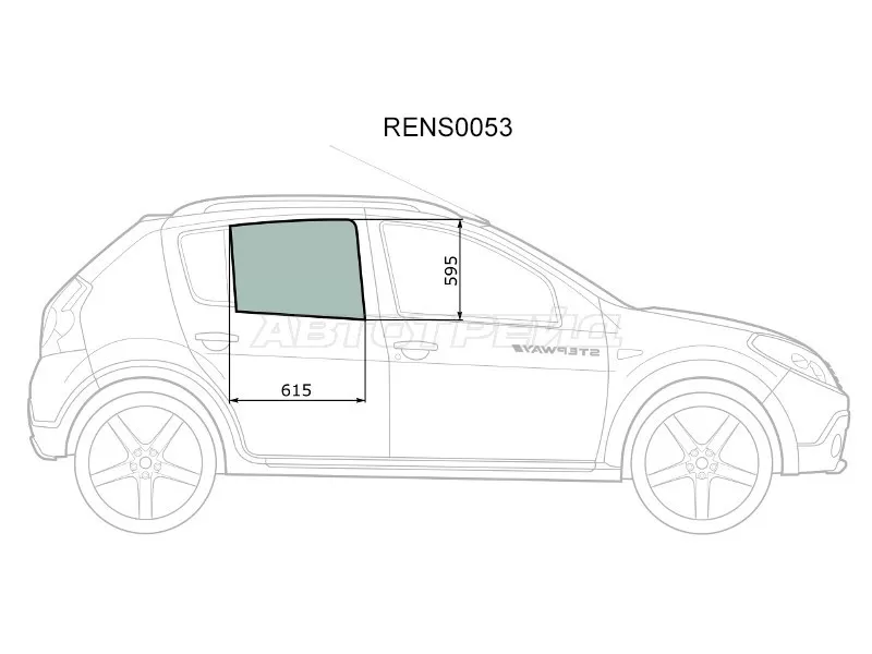 Стекло боковое опускное (Сзади / Справа / Цвет зеленый) Renault Sandero 09-14  / Dacia Sandero 08-12  / Renault Sandero Stepway 10-14 (KMK: RENS0053)