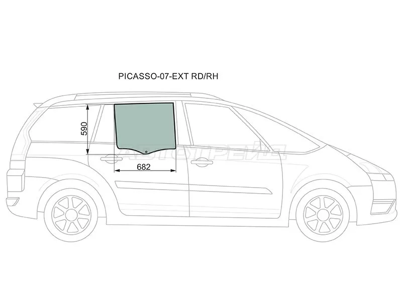 Стекло боковое опускное (Сзади / Справа / Цвет зеленый) Citroen C4 Picasso 07-14  / Grand C4 Picasso 07-14 (XYG: PICASSO-07-EXT RD/RH)