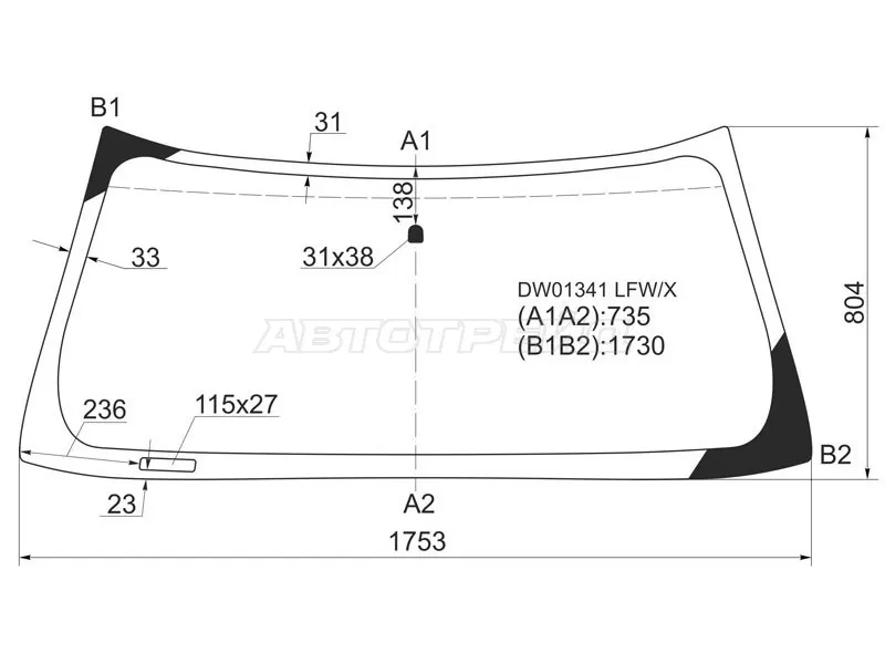 Стекло лобовое Chevrolet Tahoe 95-07  / Cadillac Escalade 99-06  / Chevrolet Avalanche 03-06  / Silverado 99-07  / GMC Yukon 00-06 (XYG: DW01341 LFW/X)