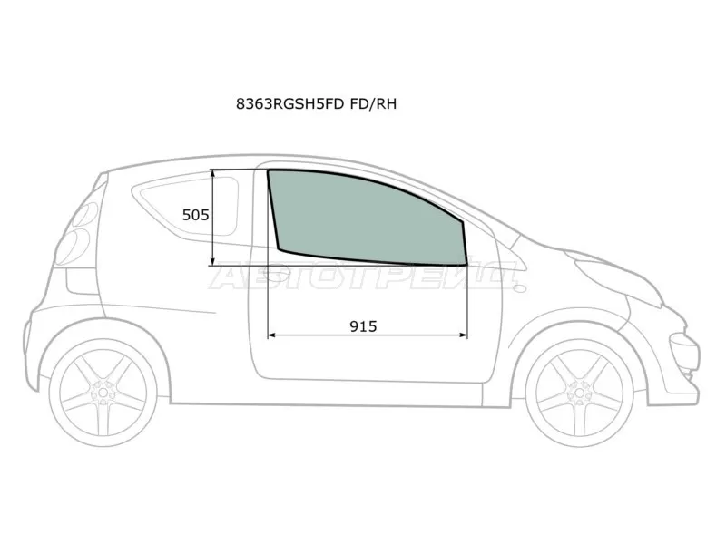 Стекло боковое опускное (Спереди / Справа / Цвет зеленый) Citroen C1 05-14  / Peugeot 107 05-15  / Toyota Aygo 05-14 (XYG: 8363RGSH5FD FD/RH)