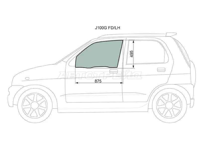 Стекло боковое опускное (Спереди / Слева / Цвет зеленый) Daihatsu Terios 97-  / Terios Kid 98-12  / Toyota Cami 99-06 (XYG: J100G FD/LH)