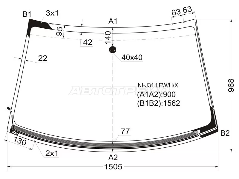 Стекло лобовое (Обогрев щеток) Nissan Teana 03-08 (XYG: NI-J31 LFW/H/X)
