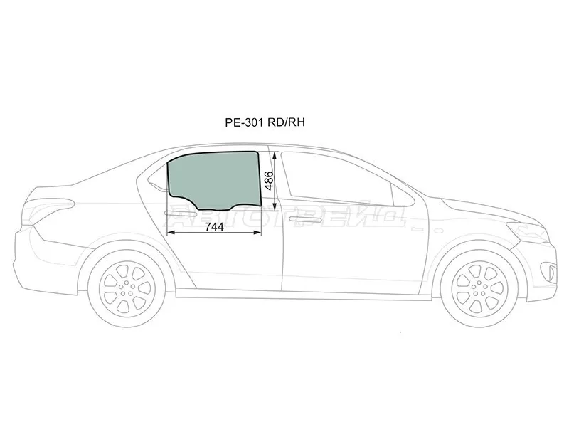 Стекло боковое опускное (Сзади / Справа / Цвет зеленый) Citroen C-Elysee 12-  / Peugeot 301 13- (XYG: PE-301 RD/RH)
