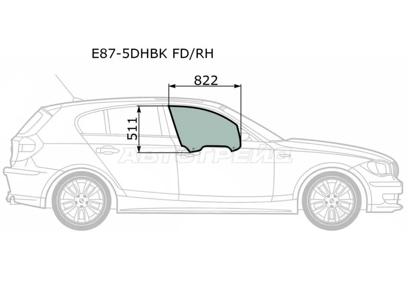 Стекло боковое опускное (Спереди / Справа / Цвет зеленый) BMW 1-Series 04-13 (XYG: E87-5DHBK FD/RH)