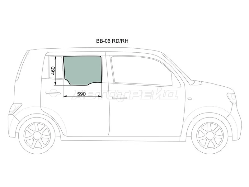 Стекло боковое опускное (Сзади / Справа / Цвет зеленый) Daihatsu Coo 06-13  / Materia 06-13  / Subaru Dex 08-12  / Toyota bB 05-16 (XYG: BB-06 RD/RH)