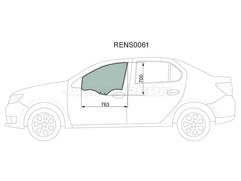 Стекло боковое опускное (Спереди / Слева / Цвет зеленый) Renault Logan 14-  / Sandero 14-  / Dacia Logan 12-19  / Sandero 12-19  / Sandero Stepway 12-19  / Renault Logan Stepway 18-  / Sandero Stepway 14-22 (KMK: RENS0061)