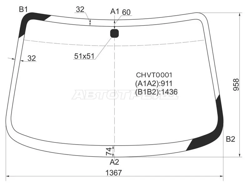 Стекло лобовое Chevrolet Aveo 02-08  / Kalos 03-08  / Daewoo Kalos 02-08 (KMK: CHVT0001)