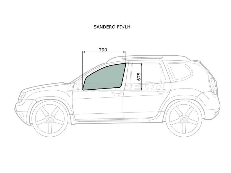 Стекло боковое опускное (Спереди / Слева / Цвет зеленый) Nissan Terrano 14-22  / Renault Duster 10-21  / Sandero 09-14  / Dacia Duster 10-17  / Sandero 08-12  / Renault Sandero Stepway 10-14 (KMK: RENS0054)