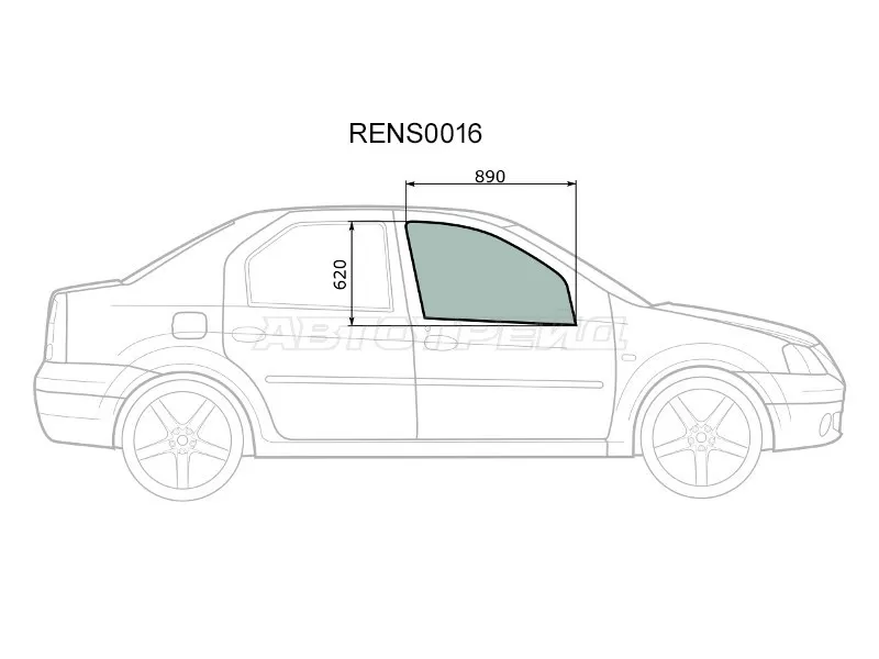 Стекло боковое опускное (Спереди / Справа / Цвет зеленый) Renault Logan 04-  / Sandero 14-  / Dacia Logan 04-19  / Logan Mcv 08-12  / Sandero 12-19  / Sandero Stepway 12-19  / LADA Largus 12-  / Largus Cross 14-22  / Renault Logan Stepway 18-  / Sandero Stepway 14-2 (KMK: RENS0016)