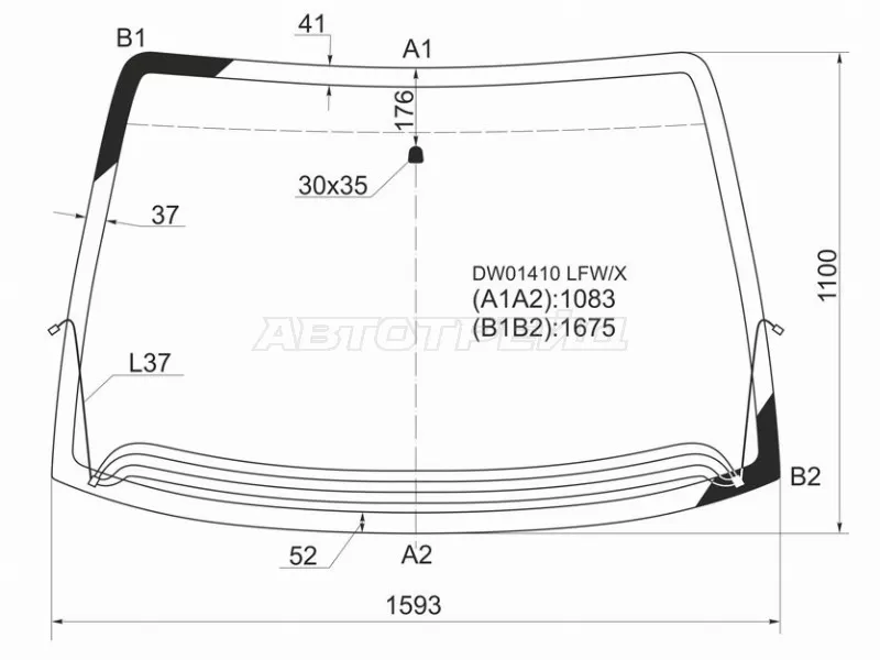 Стекло лобовое (Обогрев щеток) Chrysler Town&Country 95-07  / Voyager 95-07  / Dodge Caravan 96-07 (XYG: DW01410 LFW/H/X)