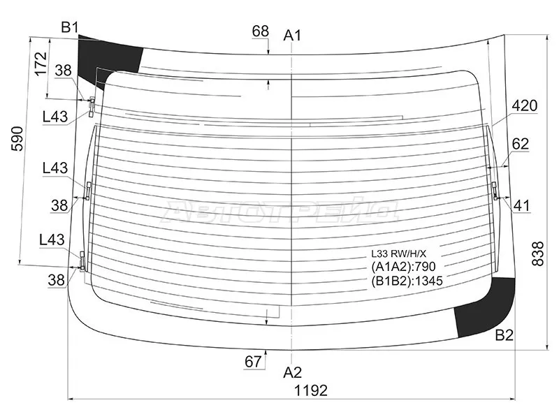 Стекло заднее (Цвет зеленый / Обогрев / Антенна) Nissan Teana 14-20  / Altima 12-18 (XYG: L33 RW/H/X)