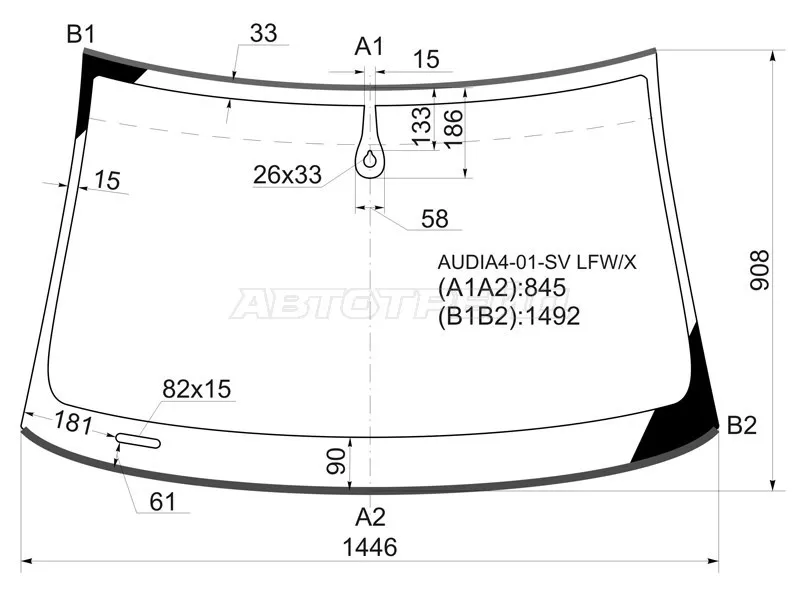 Стекло лобовое (Датчик дождя / Молдинг / 4D SED /5D WGN) Audi A4 00-09  / S4 04-08 (XYG: AUDIA4-01-SV LFW/X)