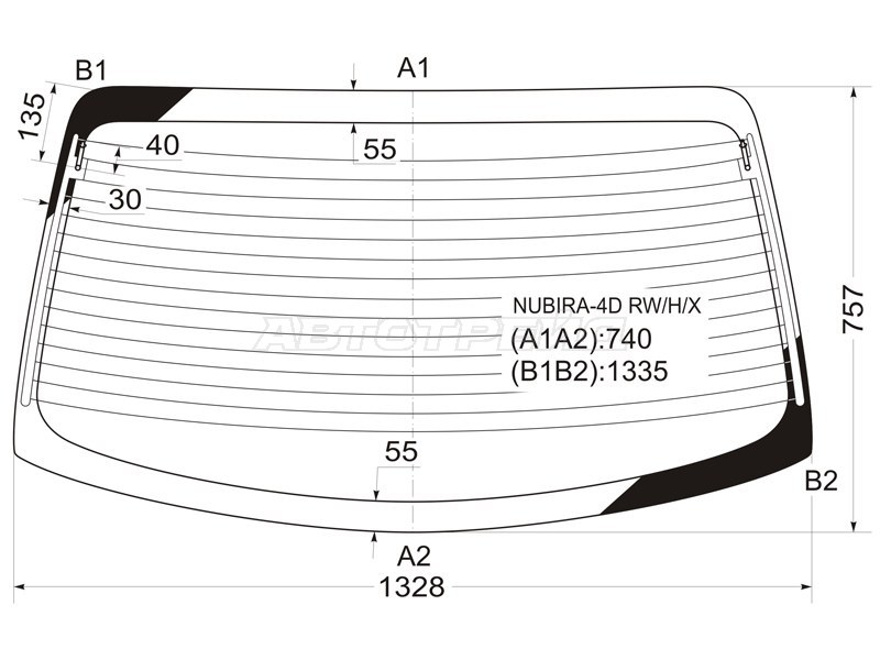 Стекло заднее (Цвет зеленый / Обогрев / Антенна) Daewoo Lacetti 04-09  / Nubira 97-03 (XYG: NUBIRA-4D RW/H/X)