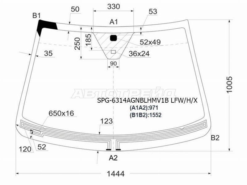 Стекло лобовое (Обогрев щеток / Датчик дождя) Chevrolet Captiva 06-15  / Opel Antara 06-15  / Daewoo Winstorm 06-10  / Saturn Vue 07-10 (SAT: SPG-6314AGNBLHMV1B LFW/H/X)