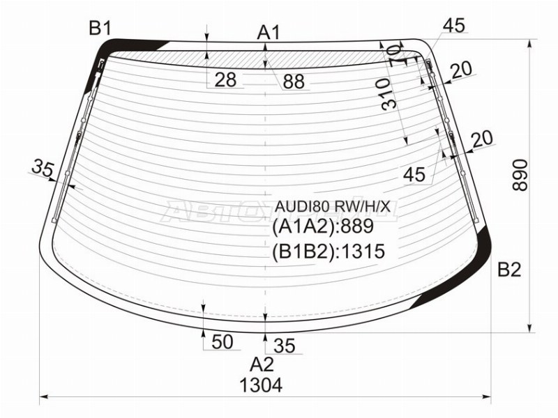 Стекло заднее (Цвет зеленый / Обогрев / Антенна) Audi 80 86-91 (XYG: AUDI80 RW/H/X)