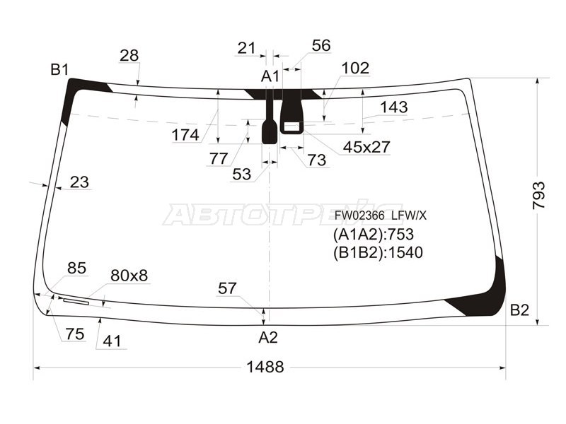 Стекло лобовое (Датчик дождя) Toyota Land Cruiser Prado (J120) 02-07  / Lexus GX 02-19 (XYG: FW02366 LFW/X)