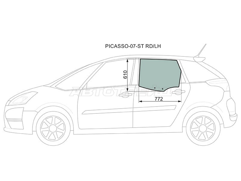 Стекло боковое опускное (Сзади / Слева / Цвет зеленый) Citroen C4 Picasso 07-14 (XYG: PICASSO-07-ST RD/LH)