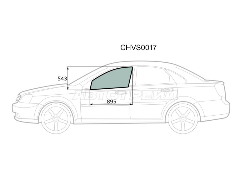 Стекло боковое опускное (Спереди / Слева / Цвет зеленый) Chevrolet Lacetti 04-13  / Daewoo Lacetti 04-09  / Chevrolet Nubira 04-13  / Optra 04-13  / Daewoo Gentra 05-15  / Nubira 02-05  / Ravon Gentra 15-  / Suzuki Forenza 03-08 (KMK: CHVS0017)