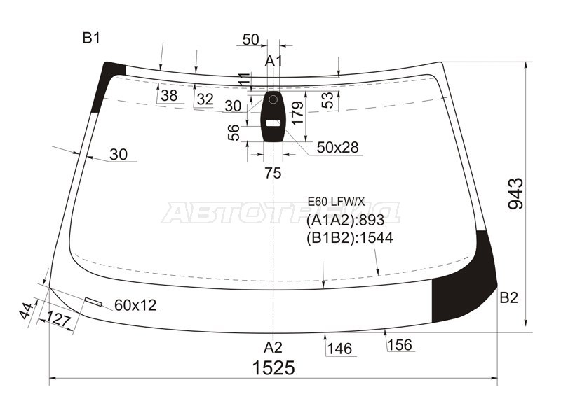 Стекло лобовое (Датчик дождя / Прямоугольный датчик дождя) BMW 5-Series 03-07 (XYG: E60 LFW/X)