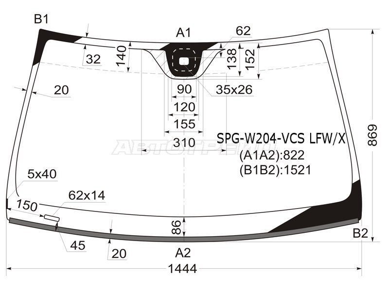Стекло лобовое (Датчик дождя / Молдинг) Mercedes-Benz C-Class 07-15 (SAT: SPG-W204-VCS LFW/X)