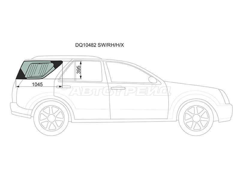 Стекло кузова боковое (не опускное) (Справа / Цвет зеленый / Антенна) Cadillac SRX 04-09 (XYG: DQ10482 SW/RH/H/X)