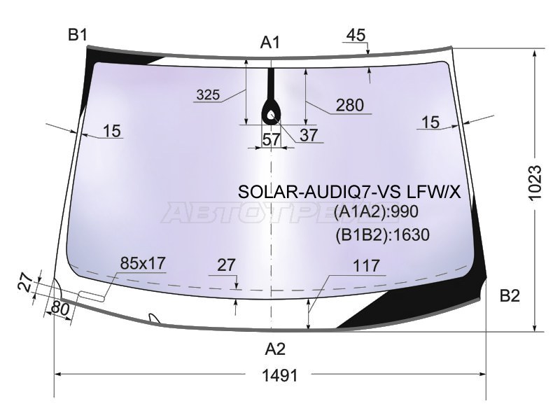 Стекло лобовое (Атермальное / Датчик дождя / Молдинг) Audi Q7 05-15 (XYG: SOLAR-AUDIQ7-VS LFW/X)