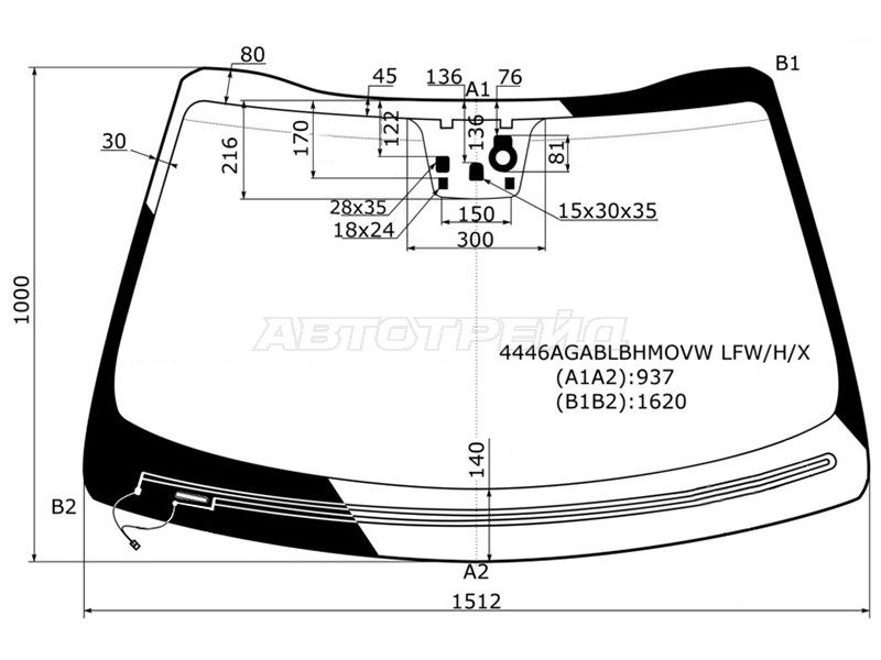 Стекло лобовое (Обогрев щеток / Датчик дождя) Kia Sorento 14-20  / Sorento Prime 14-20 (XYG: 4446AGABLBHMOVW LFW/H/X)