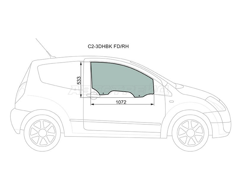 Стекло боковое опускное (Спереди / Справа / Цвет зеленый) Citroen C2 03-07 (XYG: C2-3DHBK FD/RH)