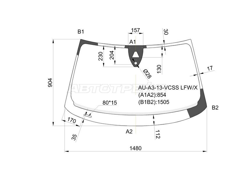 Стекло лобовое (Камера / Датчик дождя / 3 /5D HBK) Audi A3 12-16  / S3 13-16 (XYG: AU-A3-13-VCSS LFW/X)