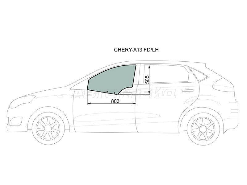 Стекло боковое опускное (Спереди / Слева / Цвет зеленый) Chery Bonus A13 11-16  / Tiggo 5 14-16  / Very A13 11-16 (XYG: CHERY-A13 FD/LH)