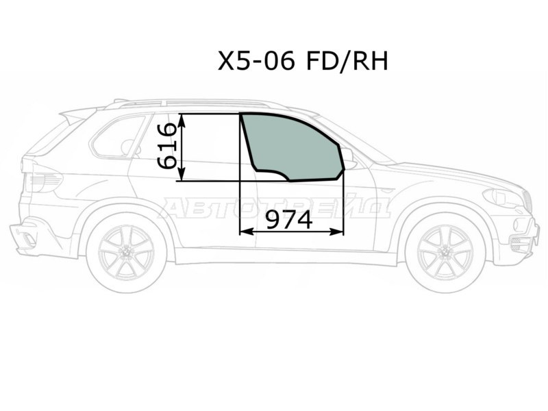 Стекло боковое опускное (Спереди / Справа / Цвет зеленый) BMW X5 06-13 (XYG: X5-06 FD/RH)