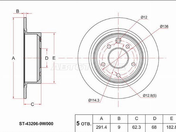Диск тормозной (Зад) Nissan Juke 10-20  / Qashqai 06-13  / Serena 10-22  / Teana 03-20 (SAT: ST-43206-9W000)