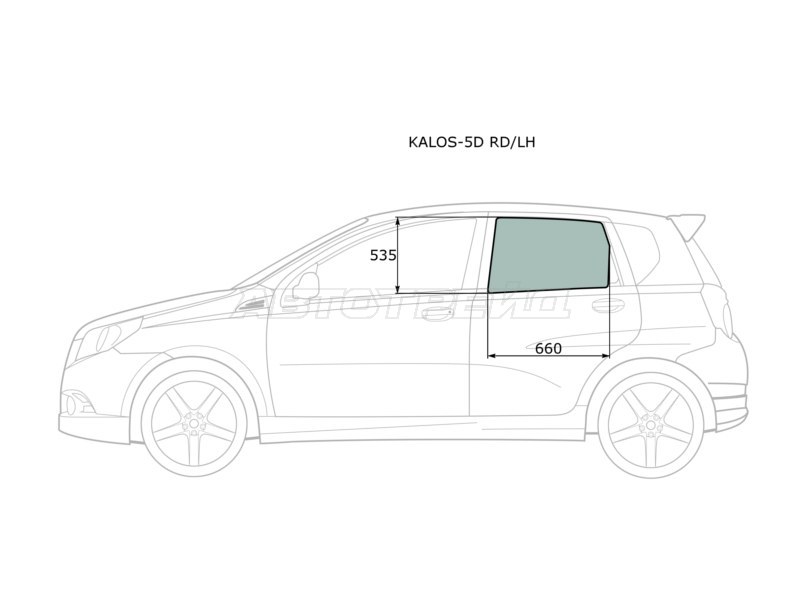 Стекло боковое опускное (Сзади / Слева / Цвет зеленый) Chevrolet Aveo 02-11  / Daewoo Gentra 05-11  / Kalos 02-08  / ЗАЗ Вида 12-14 (XYG: KALOS-5D RD/LH)