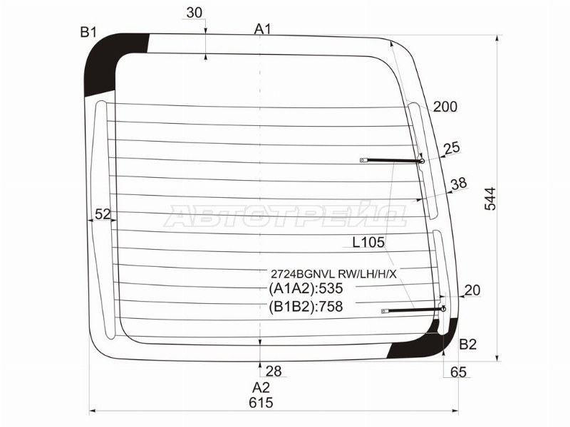 Стекло заднее (Цвет зеленый / Обогрев) Citroen Berlingo 96-12  / Peugeot Partner 96-12  / Partner Tepee 02-08 (XYG: 2724BGNVL RW/LH/H/X)