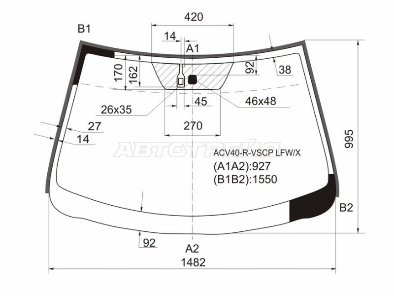 Стекло лобовое (Датчик дождя) Toyota Camry (XV40) 06-11  / Daihatsu Altis 06-10  / Toyota Aurion 06-12  / Camry UAE /USA 06-11 (XYG: ACV40-R-VSCP LFW/X)