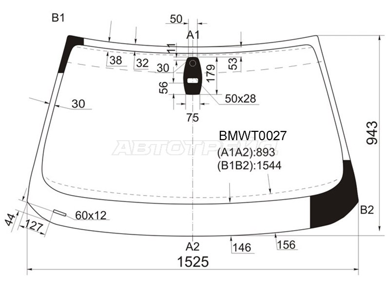 Стекло лобовое (Датчик дождя / Прямоугольный датчик дождя) BMW 5-Series 03-07 (KMK: BMWT0027)