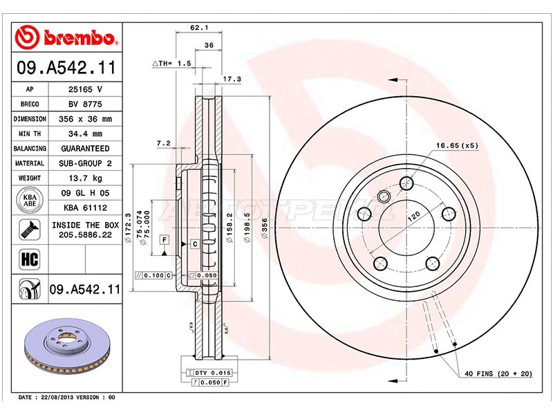 Диск тормозной (Спереди) BMW X5 99-06 (BREMBO: 09.A542.11)