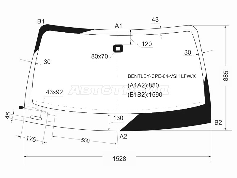 Стекло лобовое (Обогрев щеток / Датчик дождя) Bentley Continental GT 03-13 (XYG: BENTLEY-CPE-04-VSH LFW/W/X)